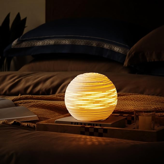 RONDURE 8.7" Modern Ceramic Table Lamp, Fully Dimmable Modern Bedside Lamps for Bedroom, Living Room and Nightstand, White Translucent Ceramic Shade, Warm Ambient Lighting, Corded, Bulb Included