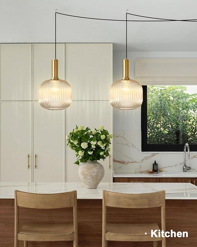 Amber Plug in Pendant Light Fixtures Mid Century Modern Hanging Lights with Plug in Cord Gold Pendant Light Plug in Vintage Glass Hanging Lamps for Living Room Bedroom Kitchen Dining Room