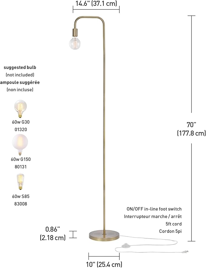 Globe Electric 67068 Holden 70" Floor Lamp, Matte Brass, in-Line On/Off Foot Switch