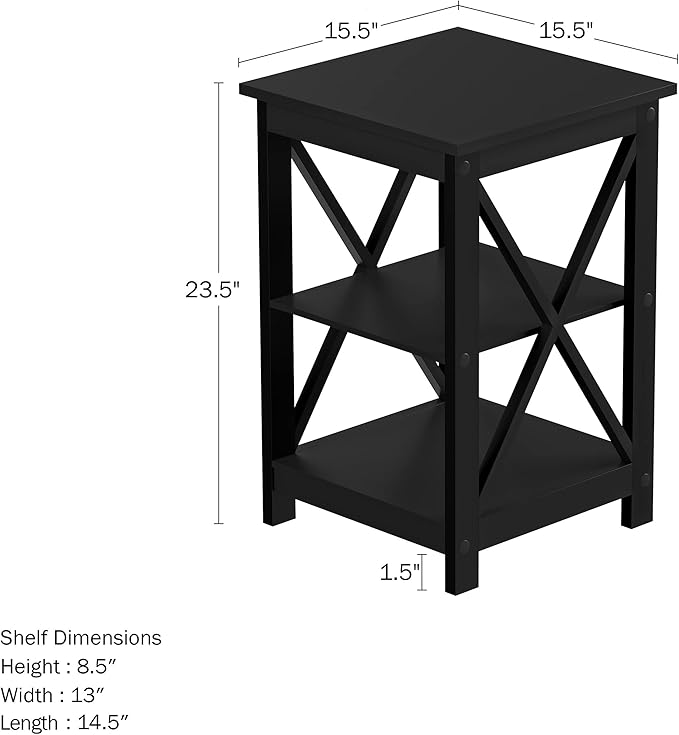Wooden End Table - Modern Style Sofa Side Table with X-Shape Design and Two Shelves - For Living Room or Bedroom by Lavish Home (Black)