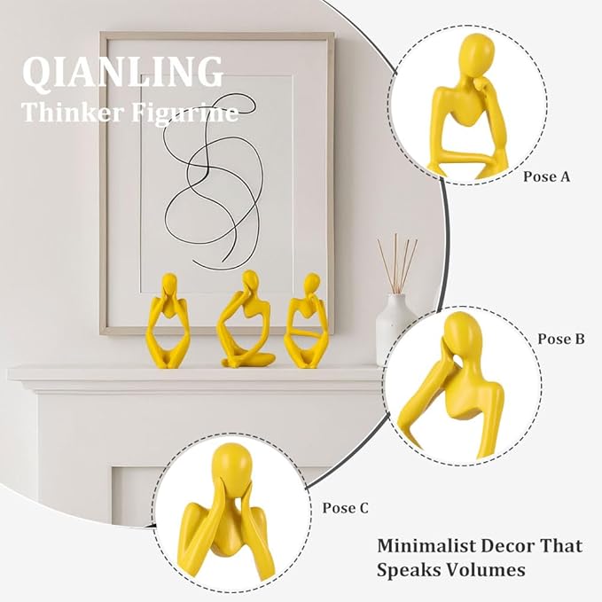 Yellow Thinker Statue Decor for TV Stand, Shelf, Desk, or Coffee Table - Set of 3 Resin Figurines for Living Room Decorative Objects, Modern Sculpture, Minimalist Bookcase Decor, Home Accents