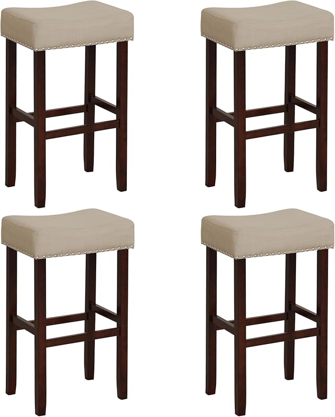 ERGOMASTER Bar Stools, 29 Inch Modern Saddle Stools, Rubber Wood, Khaki/Brown, Set of 4