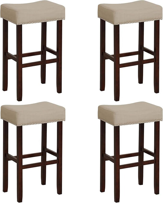 ERGOMASTER Bar Stools, 29 Inch Modern Saddle Stools, Rubber Wood, Khaki/Brown, Set of 4