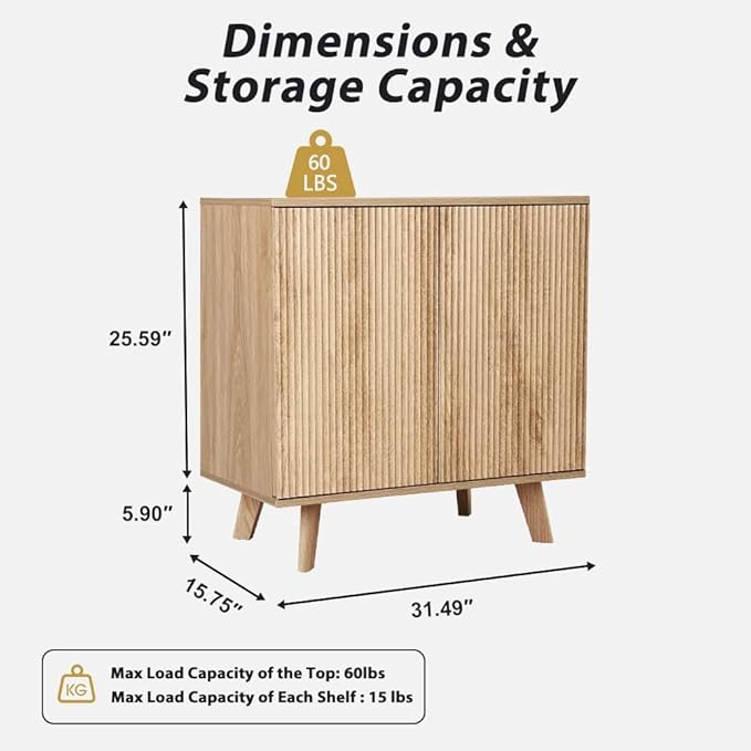 Accent Storage Cabinet, Modern Accent Buffet Cabinet with Adjustable Shelves, Freestanding Sideboard with Double Doors, Accent Cabinet with 2 Doors for Hallway Entryway Living Room (Natural)