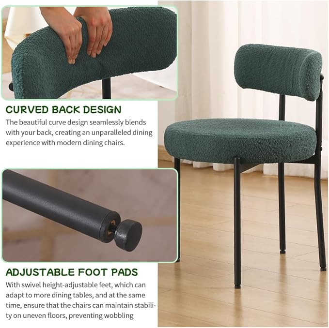 EDWELL Green Dining Chairs Set of 4, Modern Upholstered Dining Room Chairs with Thick Cushion, Curved Backrest Kitchen Chairs Boucle Chair for Dining Room, Living Room