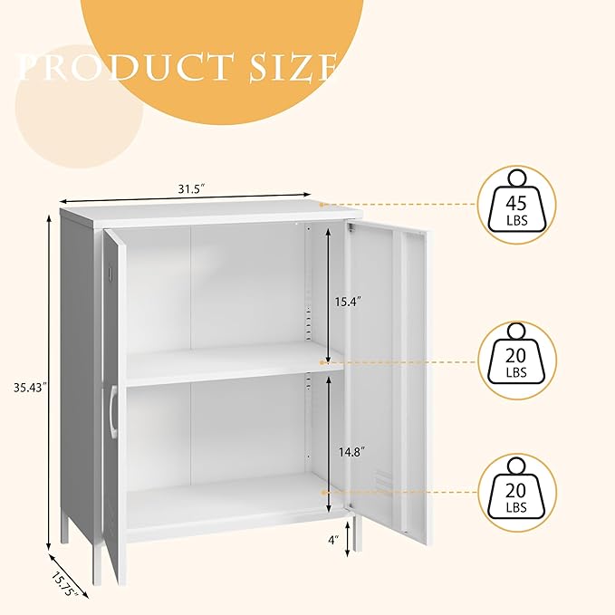 Metal Storage Cabinet with 2 Door, Steel Locker Sideboard Buffet Cabinet Console Table for Home Office (White, H35.43'')