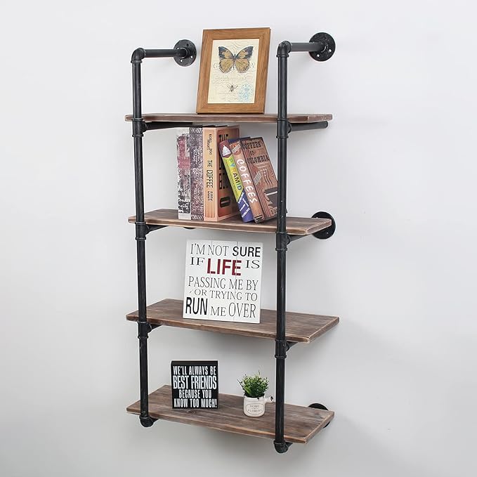 MBQQ Industrial Pipe Shelving Wall Mounted,24in Rustic Metal Floating Shelves,Steampunk Real Wood Book Shelves,Wall Shelf Unit Bookshelf Hanging Wall Shelves,Farmhouse Kitchen Bar Shelving(4 Tier)