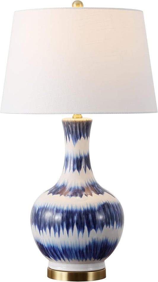 JONATHAN Y 30.5" Blue/White Striped Ceramic Table Lamp for Bedroom Living Room, Modern Coastal Bedside Lamp with Gold Base and White Linen Shade, LED Bulb Included (JYL3054B)