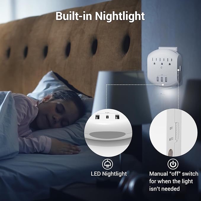 Clear Power 2-Pack USB Wall Charger, 3-Outlet Extender Wall-Tap with 3 USB Charging Ports(1 USB-C) & Nightlight, 3-Prong, White, ETL Listed, DC3S-10032P-DC