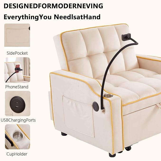 Convertible Sofa Bed, 3 in 1 Futon Sofa Bed with USB Charging Ports, Cup Holder, Phone Stand & Pocket, Modern Upholstered Sleeper Sofa for Living Room, Apartment or Small Space (Beige)