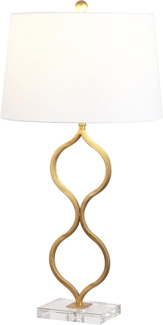JONATHAN Y 31.5" Gold Curved Metal and Crystal Table Lamp, Modern Glam Bedside Lamp with White Linen Drum Shade for Living Room and Bedroom, LED Bulb Included JYL3028A