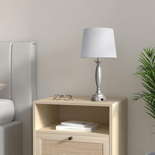 Seealle 25.5" White Lamps for Bedrooms Set of 2 - Touch Control Bedside Lamp with USB C+A, 3 Way Dimmable Nightstand Lamps with USB Port, Table Lamp for Living Room(White Shade and Nickel Base)