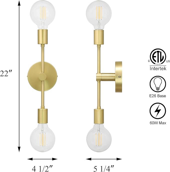 XiNBEi Lighting Brass Wall Sconce, 2-Light Bathroom Sconces Vanity Light Fixture for Mirror Hallway Bedroom (LED Bulbs Included) XB-W1234-2-SB-G30