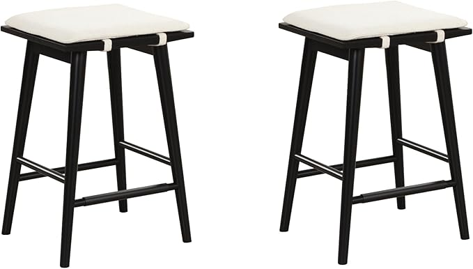 Nathan James Barker Counter Height Wood Barstool with Upholstered Cushion, Backless Island Stool for Kitchen, Black/White, Set of 2