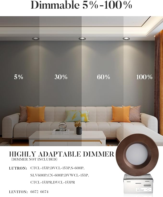 Lightdot 6 Inch Recessed Lighting 12 Pack Brown, 12W Dimmable LED Downlight 3CCT Selectable (3000K/4000K/5000K), Anti-Glare Slim Canless Ceiling Light