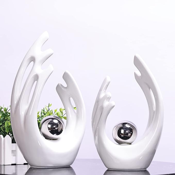 12"H White Silver Aesthetic Room Decor Accent, TV Stand Funky Table Centerpiece, Abstract Art Ceramic Statue and Sculpture, Silver Decor for Living Room, Bookshelf Decorative Objects, Shelf Decor