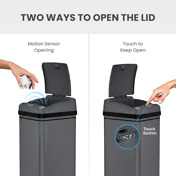 iTouchless 13 Gallon Smart Bin with Odor Filter, 50L Touchless Stainless Steel Kitchen Trash Can, Automatic Motion Lid, Fingerprint-Proof, Hands-Free Pet-Safe Lock & Soft-Close, Modern Gunmetal Gray