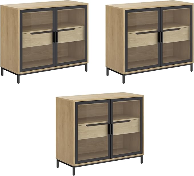 Nathan James Mackenna Metal and Glass Sideboard Accent Cabinet with Two Doors, Oak Credenza for Kitchen or Living Room Set of 3