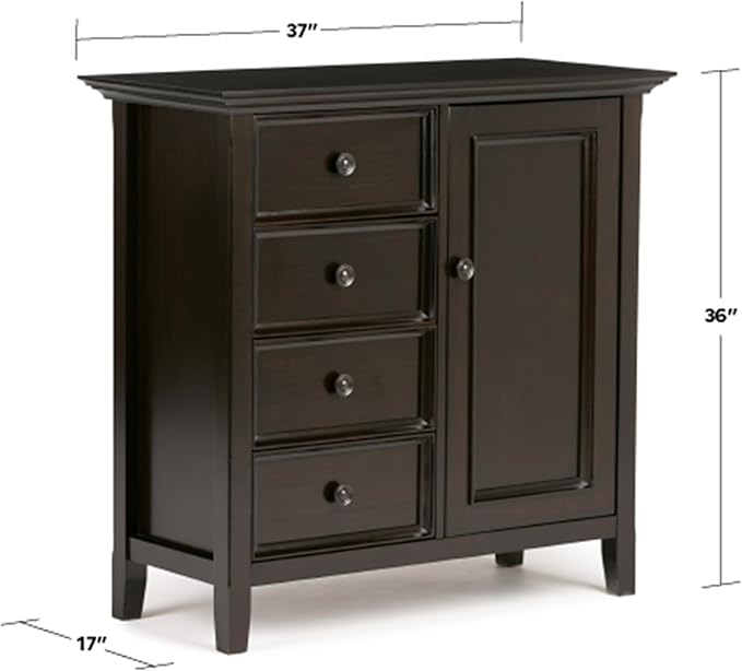 SIMPLIHOME Amherst 37-inch Wide Solid Wood Transitional-Style Storage Cabinet in Hickory Brown, Cabinet with 4 Drawers and Adjustable Shelves for Living Room or Entryway