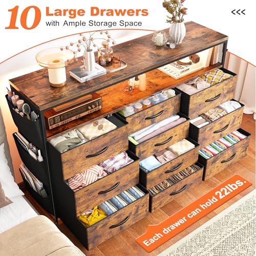 EnHomee 10-Drawer Dresser TV Stand for 55" TV with LED Lights, Power Outlets & Side Pockets (Rustic Brown)