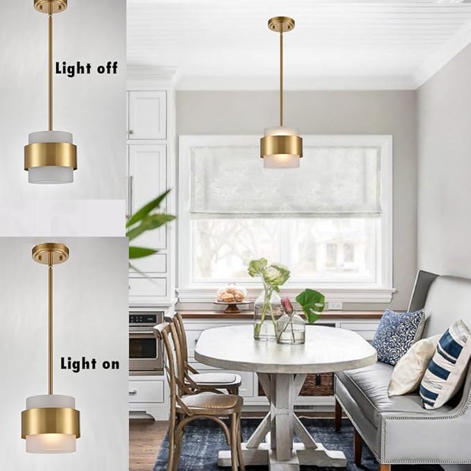 CLAXY Gold Pendant Lights mini Hanging Light Fixture with Frosted Glass Shade for Kitchen Island Dining Room Bar Restaurant, Rod Hanging Modern Pendant Light