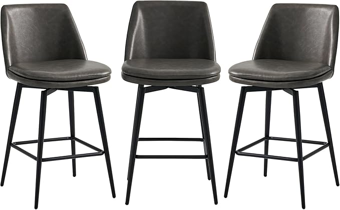 CHITA Swivel Bar Stools, 27.2" Counter Height Bar Stools Set of 3, FSC Certified Upholstered Modern Counter Stools, Metal Legs, Faux Leather, Grey