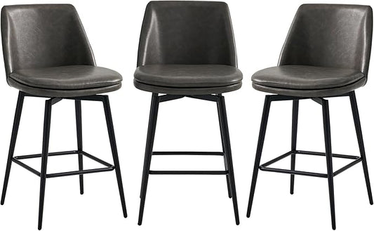 CHITA Swivel Bar Stools, 27.2" Counter Height Bar Stools Set of 3, FSC Certified Upholstered Modern Counter Stools, Metal Legs, Faux Leather, Grey