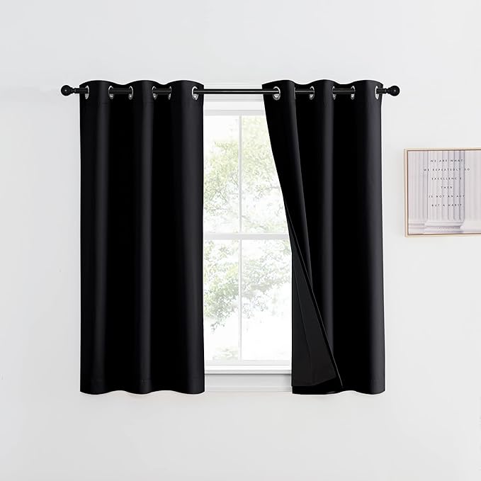 NICETOWN 100% Blackout Curtain 45 inches Length, 2 Thick Layers Completely Blackout Window Treatment Thermal Insulated Lined Drape for Basement Window (Black, 1 Piece, 42 inches Width Each Panel)