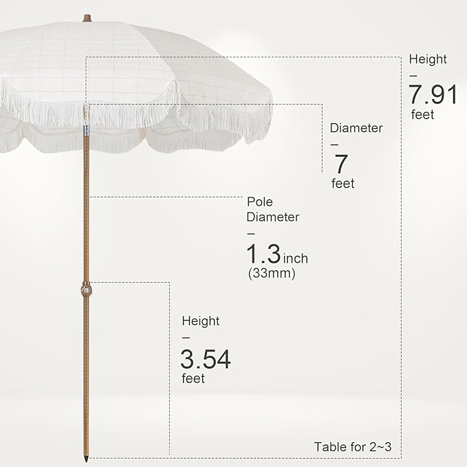 Tempera 7ft Outdoor Patio Umbrella with Carry Bag,Beach Umbrella with Fringe|Vintage Tassel Umbrella with Prime Steel Pole and Ribs Push Button Tilt,Ideal for Garden Lawn,UPF50+,Cream Grid