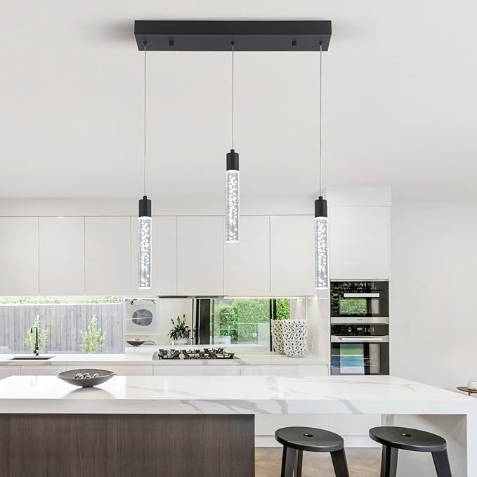 3 Pendant Lights Kitchen Island Modern Pendant Light with Adjustable Height - Clear Cylinder Island Lights, 3000-6000K Dimmable Kitchen Pendant Lighting for, Dining Room, Bar Counter