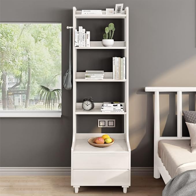 IOTXY White Bedside Table Bookshelf - 71" Tall Floorstanding Wooden Open Shelf Bookcase with 2-Drawers and 4-Shelves, Bedroom Bed Side End Table, Nightstand