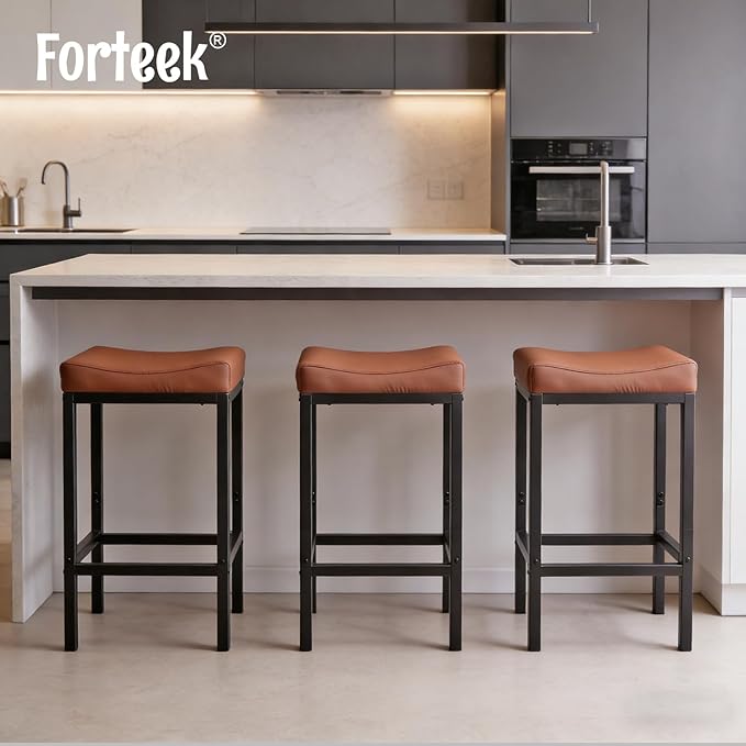 Counter Height Bar Stools Set of 2, 25.5 Inch, Faux Leather bar Stool, Saddle Barstool with Footrest,Stools for Kitchen Counter,Dining Room,Easy Assembly, Brown