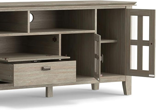 SIMPLIHOME Artisan SOLID WOOD 72 Inch Wide Contemporary TV Media Stand in Fog Grey for TVs up to 80 Inches, For the Living Room and Entertainment Center