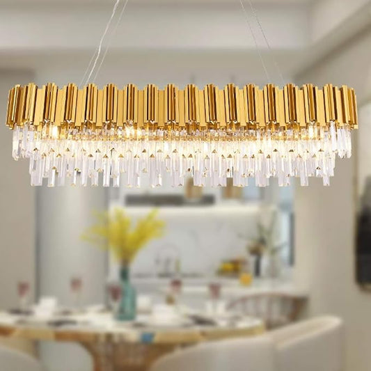 W51 Luxury Modern Crystal Linear Chandelier Lights Pendant Ceiling Light Oval Raindrop Contemporary Chandeliers Lighting Fixture for Kitchen Island Dining Living Room Bedroom Gold