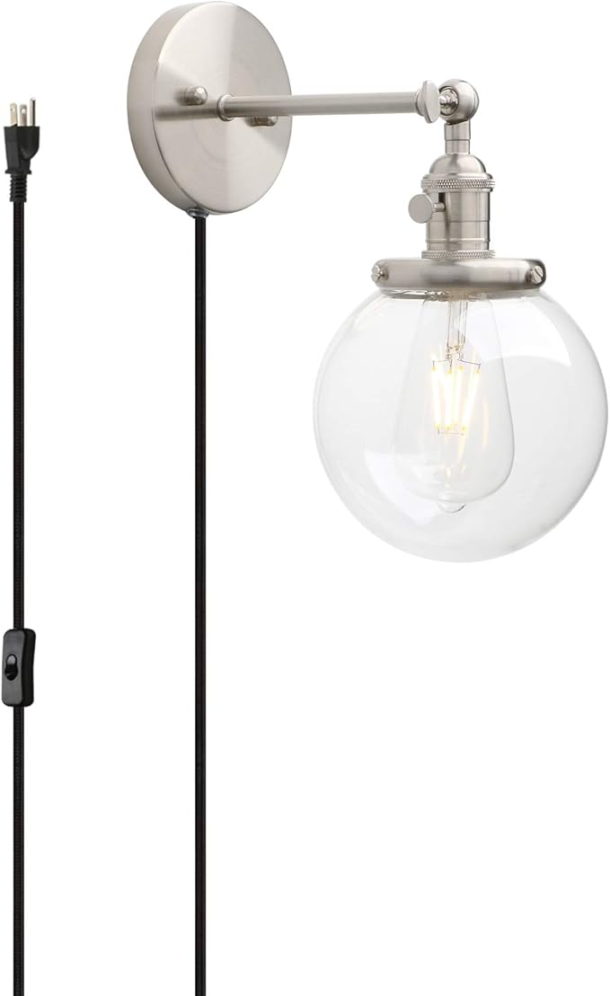Permo 1-Light Plug in On/Off Switch Wall Sconce with Mini 5.9" Round Globe Clear Glass Shade Vintage Industrial Wall lamp Light Fixture (Brushed)