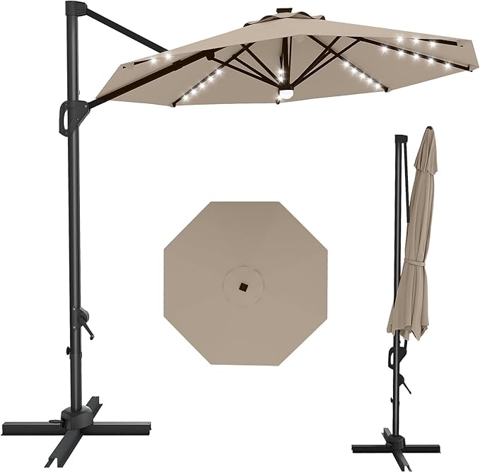 GarveeLife 10FT Patio Umbrella Outdoor Solar LED Large Cantilever Umbrella Market Sun Shade Windproof Offset Umbrella with 360-Degree Rotation for Garden Deck Pool Patio, Tan