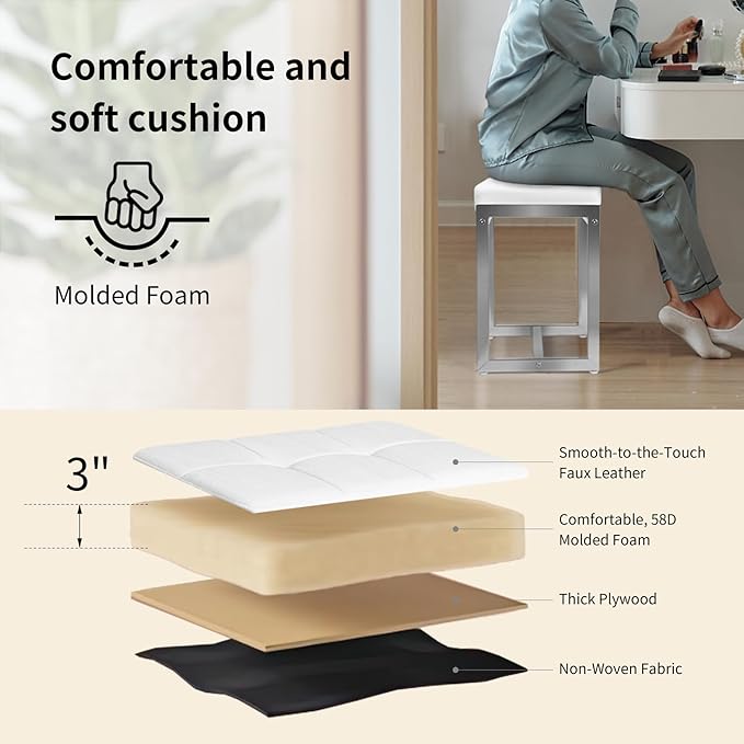 Vanity Stool, Vanity Chair Stools for Makeup Room, Faux Leather Small Makeup Bench, Modern Silver Metal Legs Ottoman Foot Rest for Bedroom Living Room, White & Silver