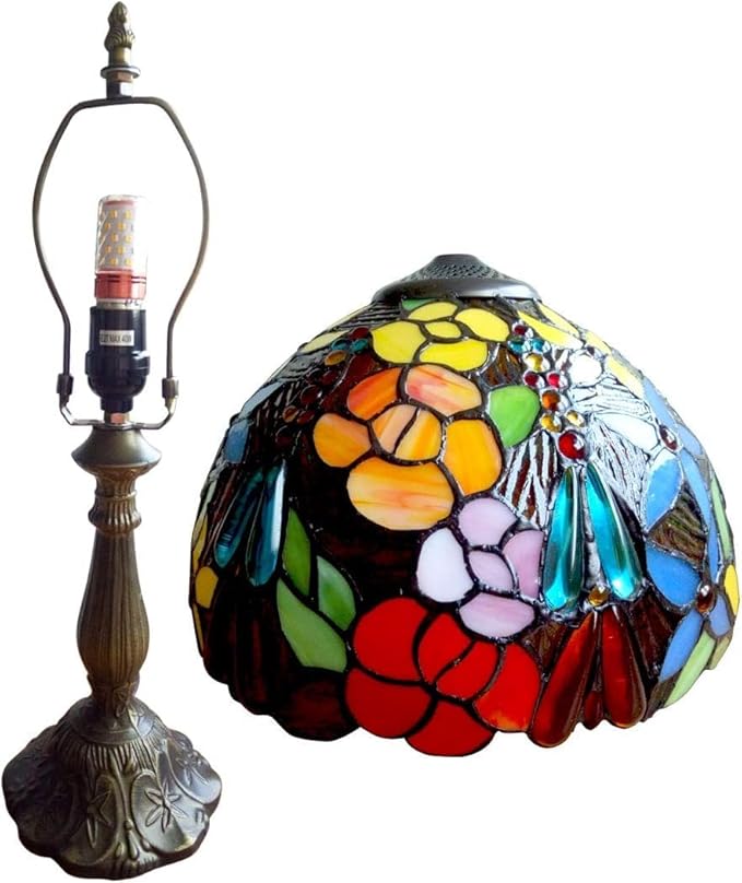 Tiffany Tall Table Lamps Bedside Nightstand Rose Flower Beads Stained Glass Table Lamp for Bedroom,Living Room,Dining Room Restaurant Hotel Desk Reading Light+LED Bulb,12X12X18 INCH