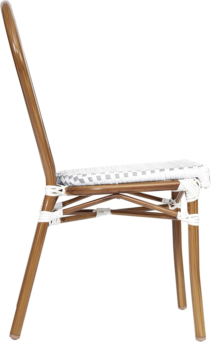 Flash Furniture Lourdes Indoor/Outdoor Commercial Thonet Bistro Stack Chair - White/Gray PE Rattan Back and Seat - Natural Bamboo Print Metal Frame