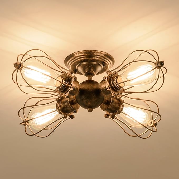 Vintage Ceiling Light Industrial Semi-Flush Mount Ceiling Light Metal Fixtures Painted Finish (with 4 Light) (Bronze)