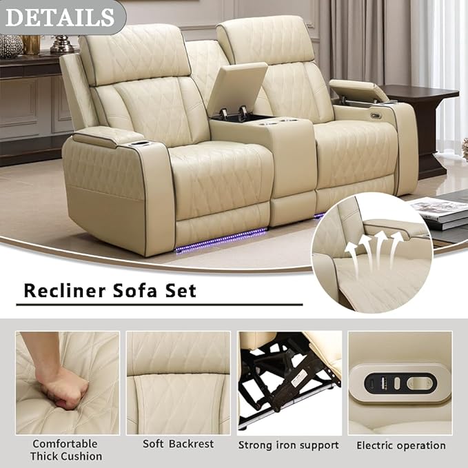 A Ainehome Power Leather Recliner Sofa Set with LED Lights, Recliner Sofa Sectional Couches for Living Room, Reclining Sofa, loveseat, Chair with USB Port/Storage Console/Cup Holder(Khaki,loveseat)