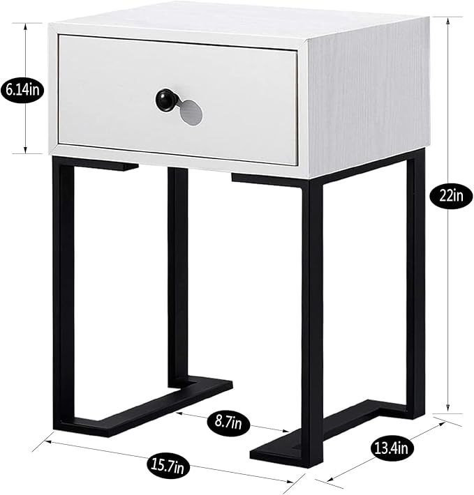 VECELO Modern Nightstand Set of 2 with Drawer End, Side Table for Bedroom, Living Room, Small Space, Night Stand with Open Shelf, Stable Metal Frame, White