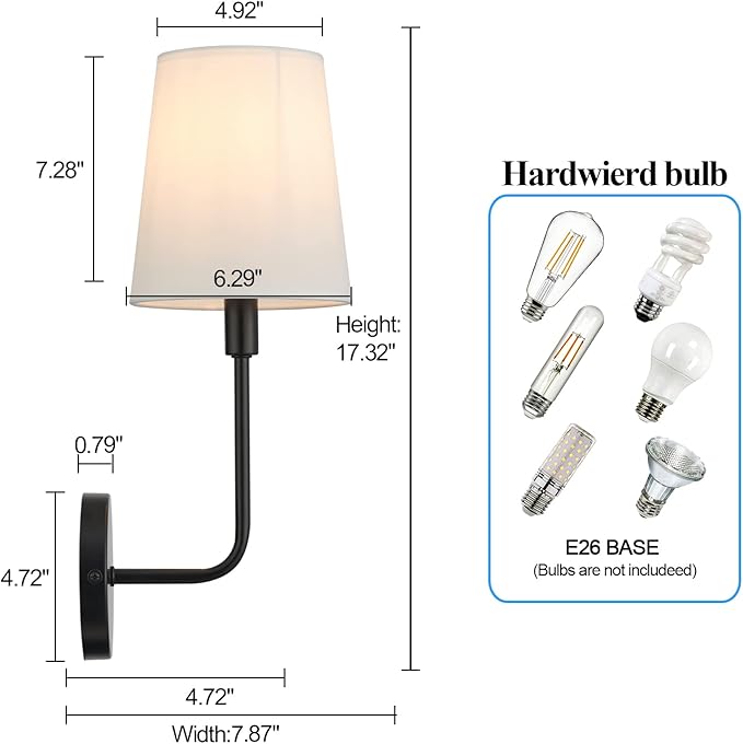 Black Big Wall Sconces, Set of 2 Hardwired Modern Industrial Wall Lights with Fabric Shade, E26 Socket, for Bedroom, Living Room, Kitchen, Bathroom, Farmhouse, Hallway (Bulbs Not Included)