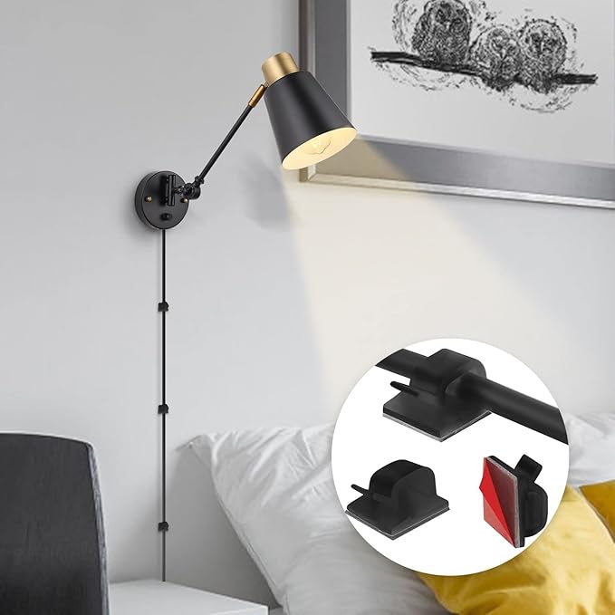 Dimmable Wall Lamp with Plug in Cord, Plug in Wall Sconces, Swing Arm Wall Light with On Off Switch, Metal Black Brass Industrial Wall Lamp for Bedroom, Living Room, E26 Base