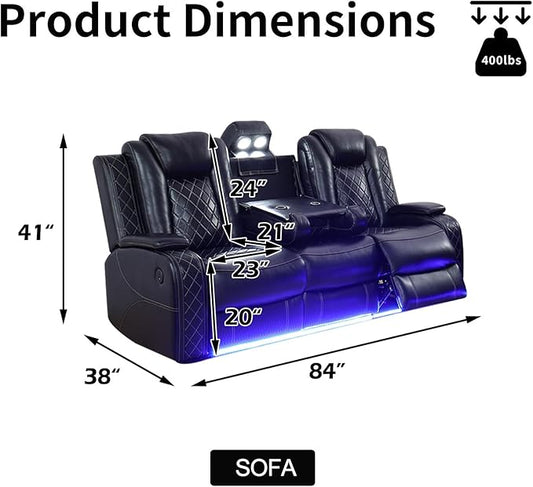 Power Leather Reclining Sofa with LED Light,Double Recliner Sofa with Drop Down Coffee Table/USB Port/Storage,3 Seater Leather Couch for Living Room Furniture Sets(3 Seats,Black)