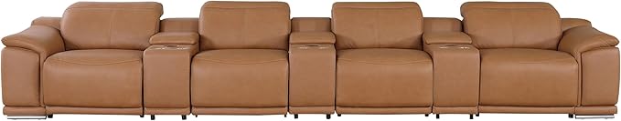 Blackjack Furniture Venice Top Grain Italian Leather Power Recline 7 Piece 4 Seater Sofa - 175" Theater Seating Modern Couch for Living Room Apartment with Adjustable Headrests & USB Port, Cognac