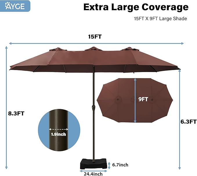 Ayge 15FT Patio Umbrella with Base,Large Outdoor Double-Sided Rectangle Umbrella with Crank Handle, Market Umbrella for Poolside Garden Deck Backyard Beach Pools,Brown
