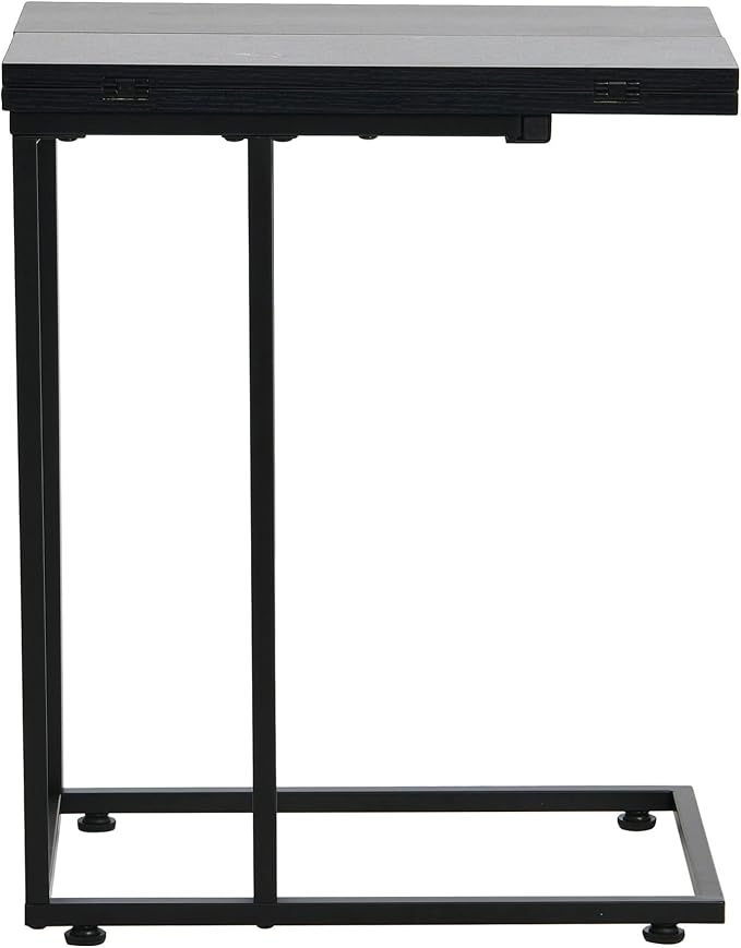 Household Essentials Jamestown Extendable C-Shaped for Accessiblity Side End Table Black Oak Wood Grain and Black Metal