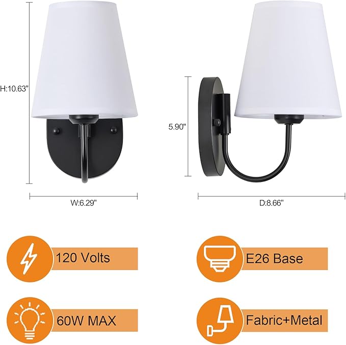 Hardwired Set of 2 Black Metal Wall Sconces with White Fabric Shades – Small Modern Wall Lights for Bedroom, Hallway, Bathroom,Staircase