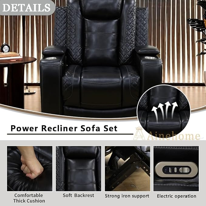 A Ainehome Power Leather Recliner Sofa Set, Recliner Sofa Sectional Couches for Living Room, Reclining Sofa, loveseat, Chair with Storage Console/Cup Holders(Black,Chair)